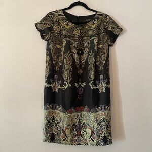 Etro Black Paisley Short Sleeve Knee Length Dress 100% Silk Women's 42 / Medium